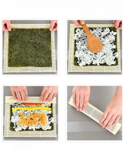 Bamboo sushi rolling mat and rice paddle set with 4-step process guide for making sushi