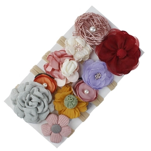 Set of 10 multicolor floral baby headbands with soft elastic nylon bands and fabric flowers