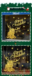 Close-up of glittery golden Christmas bear and Merry Christmas stickers for windows