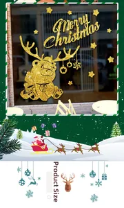 Close-up of golden glitter Christmas reindeer window decal with Merry Christmas text