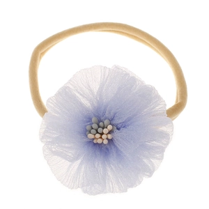 Detail of baby headband featuring a light purple mesh flower and elastic nylon strap
