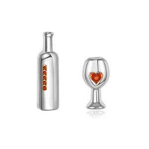 Creative silver zircon jewelry set with wine bottle and glass design heart earrings