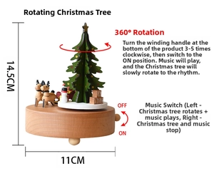Rotating wooden Christmas music box showing reindeer and snowman detail with dimensions