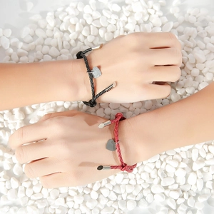 Minimalist PU rope couple bracelets with heart charms in red and black colors