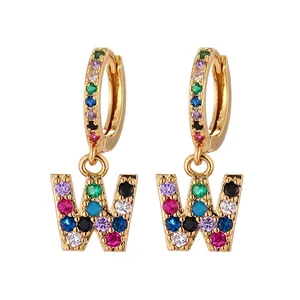 Gold hoop earrings with letter W pendant and colorful zircon stones for women