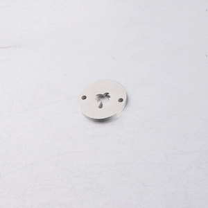 Detailed view of mirror polished stainless steel disc with coconut tree cutout and dual holes