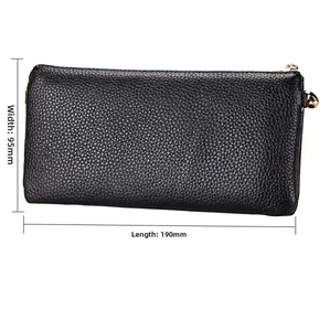 Detail of black lychee grain leather wallet showing precise 190mm x 95mm dimensions