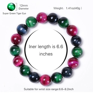 Bracelet en perles d'oeil de tigre 12mm affichant les textures naturelles et dimensions