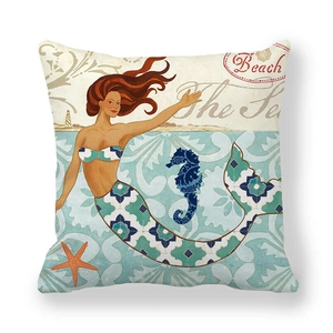 Vintage beach pillowcase with mermaid illustration and Beach text on soft peach skin fabric