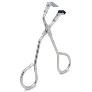 Detail view of silver metal eyelash curler with black rubber pad on white background