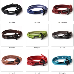 Grid view of anchor leather bracelets in nine vibrant colors with model labels