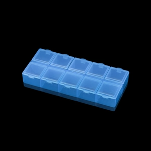 Blue translucent 10-compartment storage box for jewelry and small parts on black background