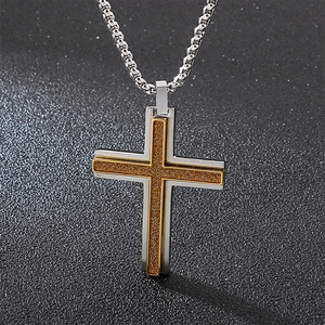 Hip hop two-tone silver and gold cross pendant necklace in stainless steel