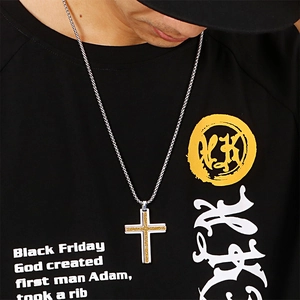 Hip hop double-layer stainless steel cross pendant necklace for men in gold and silver