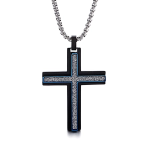 Mens double layered black and silver stainless steel cross pendant with twisted chain