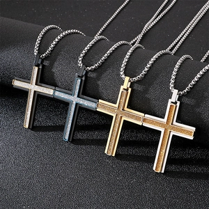 Hip hop double-layer stainless steel cross pendants with glitter inlay in four colors