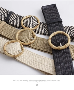 Detail of woven straw belts in four colors with natural bamboo round buckles for women