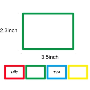 Set of colorful name tag stickers in 4 colors with detailed 2.3x3.5 inch size guide