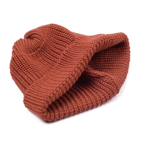 Unisex caramel ribbed knit beanie hat in minimalist cuffed style on white background