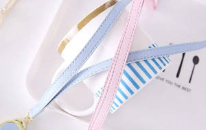 Detail of pink and blue cross-grain leather lanyards with golden metal buckles