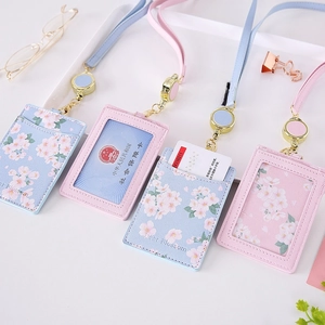 Floral PU leather ID card holder with retractable lanyard in pastel pink and blue