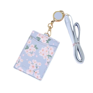 Floral PU leather ID card holder with retractable lanyard and cherry blossom pattern