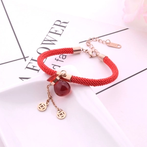 Red String Braided Bracelet Titanium Steel Rose Gold Plated Wu Lou Pendant Luck Coin Charms Adjustable For Women