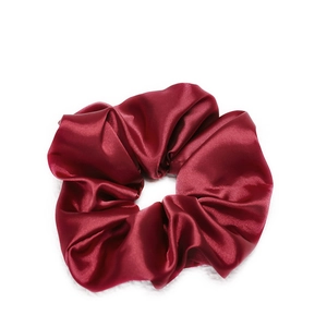 Elegant wine red satin silk scrunchie with smooth texture and soft glossy finish