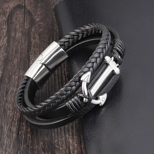 Men's multi-layer black braided leather bracelet with silver anchor charm and magnetic clasp