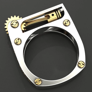 Mechanical dual-tone industrial ring with piston and gear details in steel and gold