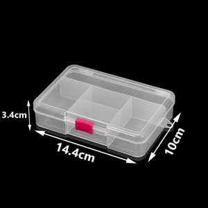 5-compartment transparent plastic organizer with pink buckle and dimensions 14.4x10x3.4cm