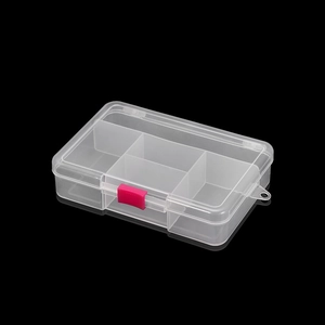 Macro view of a 5-compartment clear plastic storage box with a pink snap buckle and hanging hole