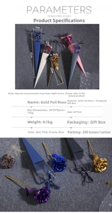 Detailed size specifications for 24K gold foil artificial roses in triangle gift boxes