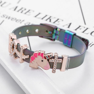 Rainbow mesh stainless steel bracelet with unicorn, cross, and airplane charms