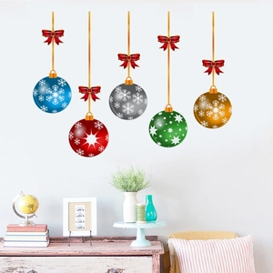 Colorful Christmas ball wall decals with bows and snowflakes for festive home decoration