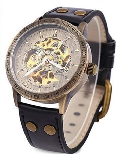 Detail view of Shenhua vintage bronze skeleton automatic mechanical watch with rivets
