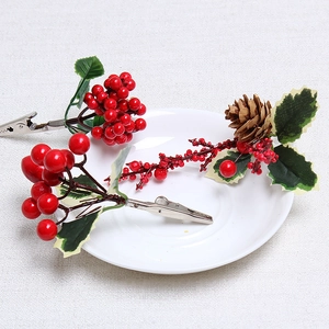 Artificial Red Berry Christmas Clips With Green Leaves Pine Cones Metal Alligator Clip For Christmas Tree Wreath DIY Decor