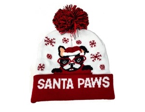 Detail of LED knit Santa hat featuring Santa Paws bulldog pattern and glowing lights