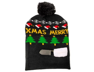 Detail of LED knit hat with battery switch box and Merry Xmas knitted pattern