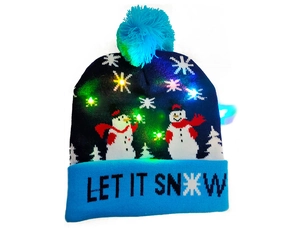 Detail of Christmas LED beanie featuring snowman patterns and Let It Snow text