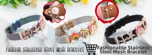 Detail of stainless steel mesh bracelets with charms like unicorn and starfish