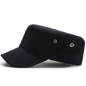 Men's black cotton flat top camo cap with SPORT embroidery and metal vents