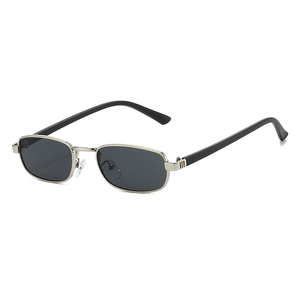 Vintage oval silver metal sunglasses with dark lenses and tri-color temple accents