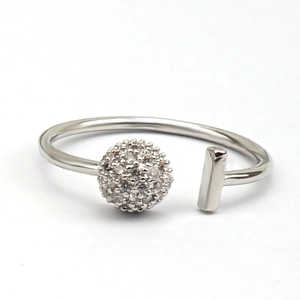 Minimalist silver open ring with pave crystal ball and vertical metal bar accent