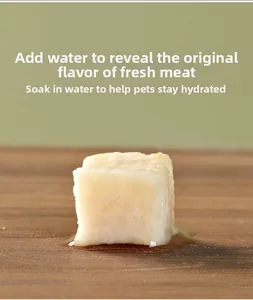 Freeze-dried pet meat cubes rehydrating in water to restore original flavor and texture