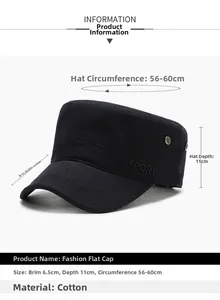 Detail view of cotton flat top cap with 6.5cm brim and adjustable 56-60cm strap back