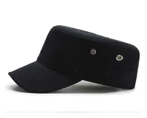 Side view of black cotton flat top army cap with SPORT embroidery and metal vents