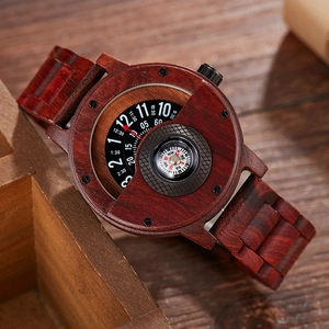 Multifunctional wood watch with integrated compass and natural wood grain finish