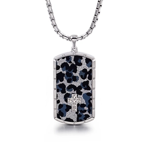Punk silver necklace with blue leopard print dog tag pendant and cross charm