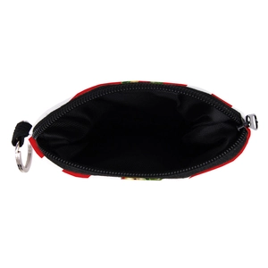 Detail of Christmas coin purse with red floral pattern, metal key ring and black zipper